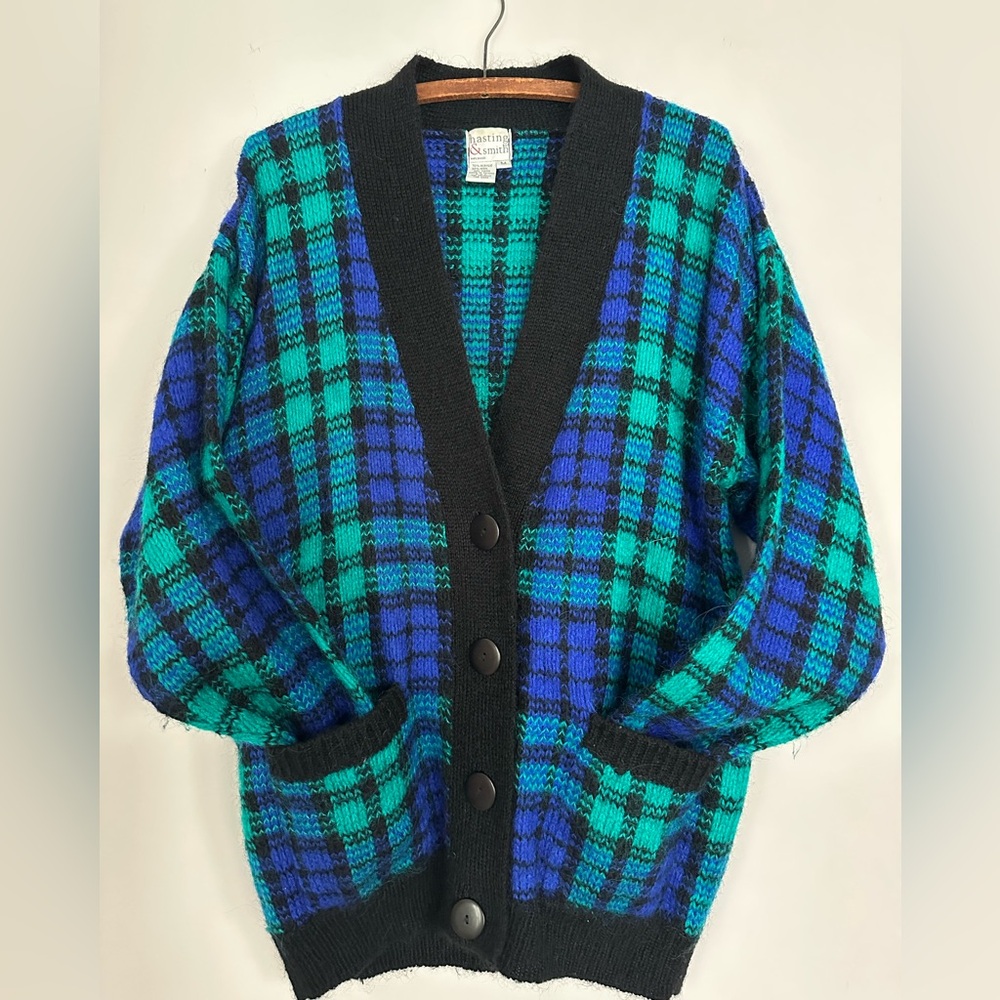 Vintage 1980s Shaggy Wool Plaid Cardigan